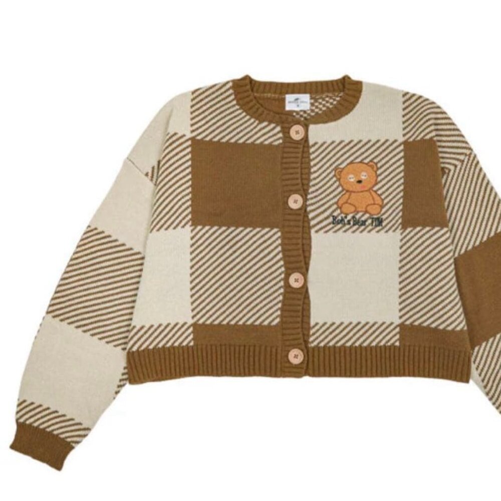 Universal Studios knit Cardigan Brown and Cream Plaid Cardigan with Bear Accent